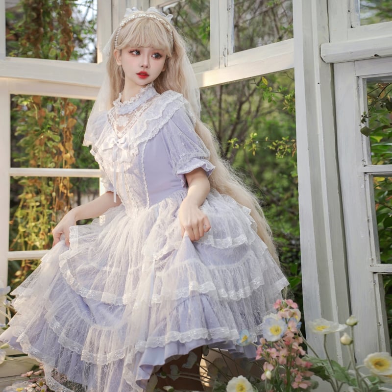 新作 ロリータ Lolita ワンピース 半袖 ドレス オーバースカート付き V 