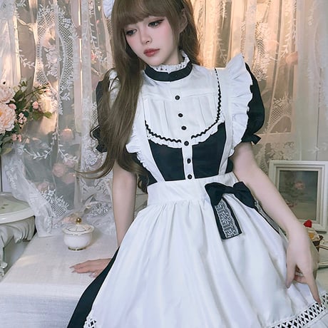 メイド服 ワンピース 半袖 クラシカル ロング丈 メイド 定番 カチューシャ セット 英国風 ロリータ 大人可愛い
