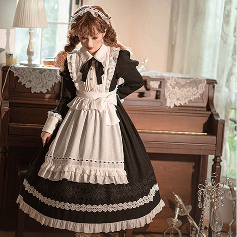 ロリータ メイド 3点セット 秋 冬 長袖 コスプレ ワンピース エプロン  