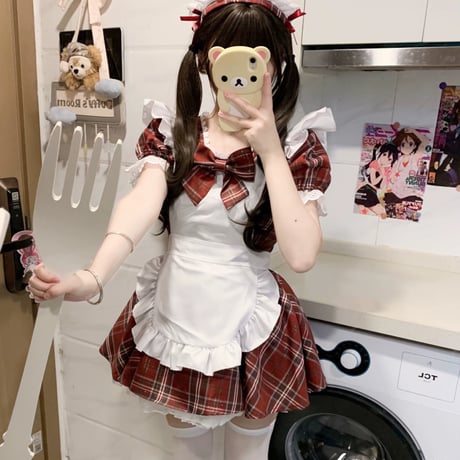 メイド服 チェック柄 ワンピース エプロン カチューシャ 半袖 ミニ丈 メイドカフェ レディース かわいい
