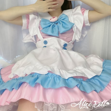 メイド服 ワンピース エプロン カチューシャ セット 猫の肉球 半袖 ミニ丈 ミニスカ ドレス ロリータ Lolita