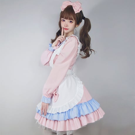 メイド服 エプロン ロリータ コスプレ セット ワンピース フリル 甘ロリ 長袖 半袖 メイド アリス風