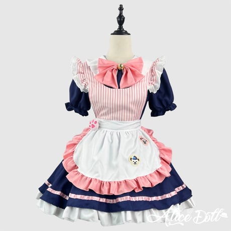 メイド服 メイド ワンピース エプロン カチューシャ 猫の肉球 ストライプ 半袖 ミニ丈 コスプレ ドレス