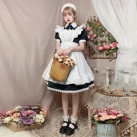 即納 メイド服 高品質 エプロン ロリータ クラシック 膝丈 ワンピース コスプレ レディース 3点セット