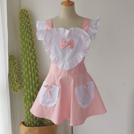 エプロン メイド ロリータ ポケット付き ハート リボン フリル 可愛い コスプレ
