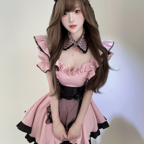メイド服 メイド セット ゆめかわいい ガーリー ワンピース エプロン つけ襟 猫耳カチューシャ 半袖