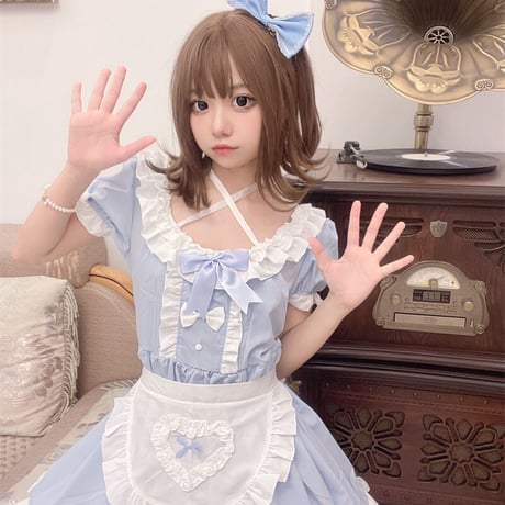 メイド服 エプロン コスプレ ミニ丈 セクシー 夏 水色 かわいい 喫茶店 甘ロリ メイド ワンピース クラシカル
