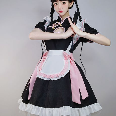 メイド服 中華風 ロリータ ゆめかわいい チャイナ服 チャイナドレス 露出 ワンピース エプロン 髪飾り付き セット