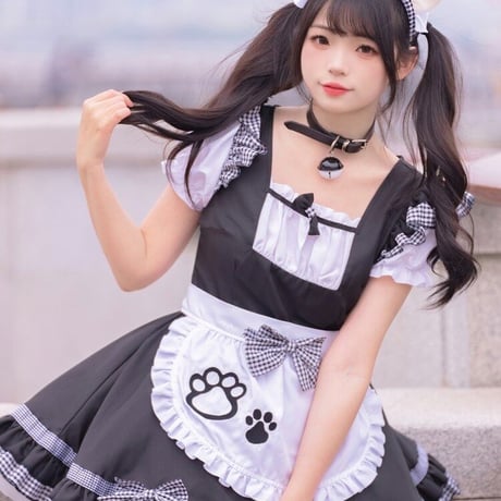 コスプレ 衣装 メイド服 ワンピース エプロン カチューシャ付き セット ロリィタ かわいい ネコ 猫 猫耳