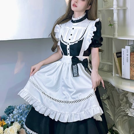 メイド服 ワンピース 半袖 クラシカル ロング丈 メイド 定番 カチューシャ セット 英国風 ロリータ 大人可愛い