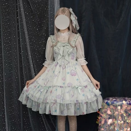 ロリータ ジャンパースカート ワンピース ロリィタ JSK 貝殻 ヒトデ プリント ハイウエスト 光沢 かわいい