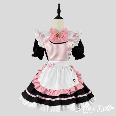 メイド服 メイド ワンピース エプロン カチューシャ 猫の肉球 ストライプ 半袖 ミニ丈 コスプレ ドレス