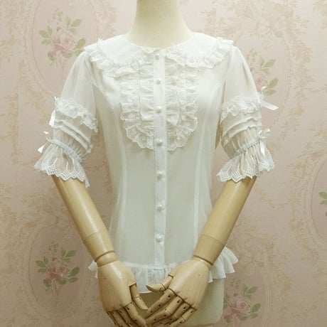 ロリータ ブラウス  ゴスロリ 半袖 レース 姫袖  スリム 薄手 上品