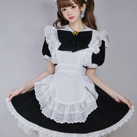 メイド服 ワンピース レース ヘアドレス付き 半袖 ゴスロリ ゴシックロリータ コスプレ ふんわり かわいい