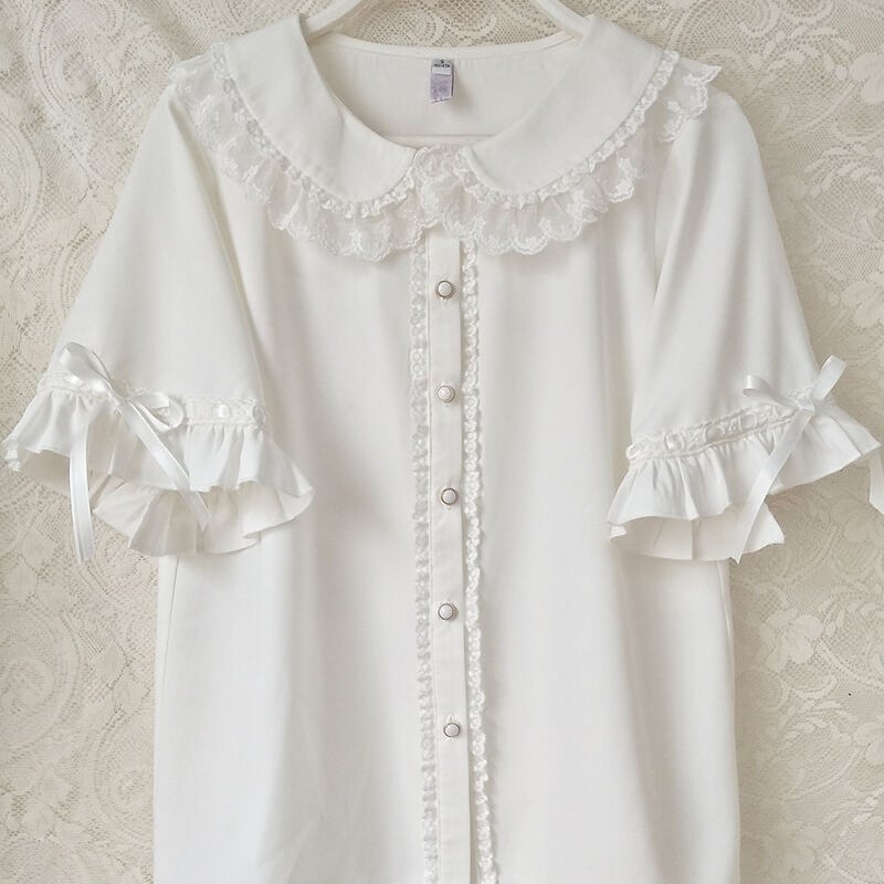 metamorphose】フリル 丸襟 ブラウス 半袖 リボン ロリータ 白