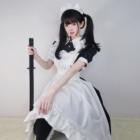 高品質 メイド服 エプロン クラシック ロング ロリータ 3点セット 長袖 半袖 コスプレ  体型カバー