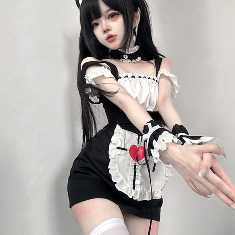 メイド服 ワンピース コルセット エプロン ヘッドドレス ４点セット ミニ丈 ハートモチーフ 可愛い セクシー コスプレ