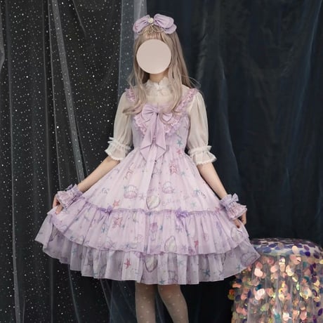ロリータ ジャンパースカート ワンピース ロリィタ JSK 貝殻 ヒトデ プリント ハイウエスト 光沢 かわいい