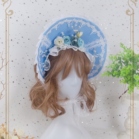 ロリータ ボンネット 帽子 ヘッドドレス カチューシャ スカイブルー 髪飾り 清楚 フラワー 薔薇 お花 クラシカル