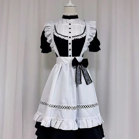 メイド服 ワンピース 半袖 クラシカル ロング丈 メイド 定番 カチューシャ セット 英国風 ロリータ 大人可愛い