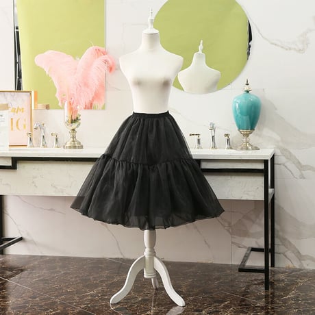 パニエ ふんわり ロリィタ ペチコート オーガンジー 60cm 膝下丈 ワイヤーなし ボリューム ふわふわ 黒 白