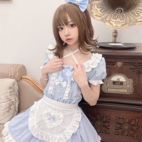 メイド服 エプロン コスプレ ミニ丈 セクシー 夏 水色 かわいい 喫茶店 甘ロリ メイド ワンピース クラシカル