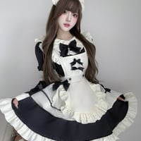 クラシカル メイド服 ワンピース Lolita エプロン カチューシャ 付け袖 2way 半袖 長袖 ミニ丈