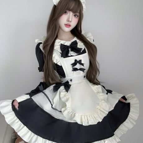 クラシカル メイド服 ワンピース Lolita エプロン カチューシャ 付け袖 2way 半袖 長袖 ミニ丈