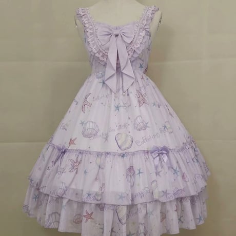 ロリータ ジャンパースカート ワンピース ロリィタ JSK 貝殻 ヒトデ プリント ハイウエスト 光沢 かわいい