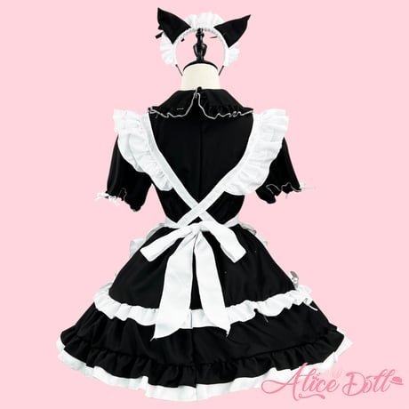 メイド服  ロリータ セット ワンピース エプロン カチューシャ 猫耳 半袖  ゆめかわいい メイド ミニ丈