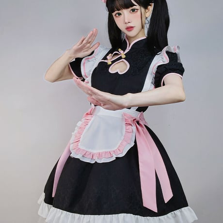 メイド服 中華風 ロリータ ゆめかわいい チャイナ服 チャイナドレス 露出 ワンピース エプロン 髪飾り付き セット