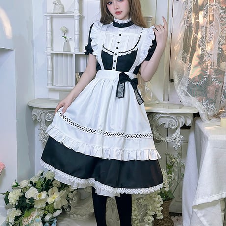 メイド服 ワンピース 半袖 クラシカル ロング丈 メイド 定番 カチューシャ セット 英国風 ロリータ 大人可愛い