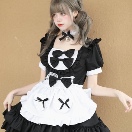ゆめかわいい メイド服 メイド ワンピース エプロン カチューシャ 半袖 ミニ丈 ミニスカ フリル リボン