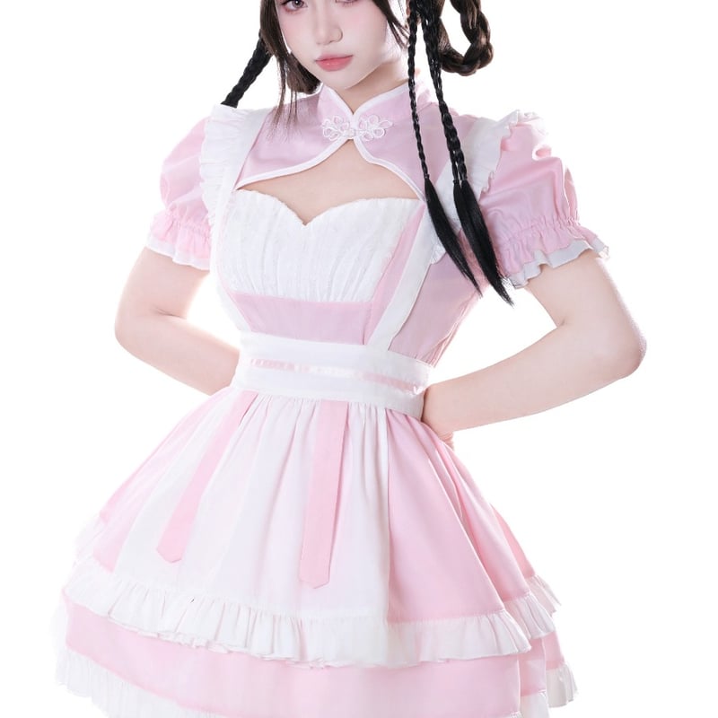 ハンドメイド★妖精柄チャイナドレス風エプロン★黒×ピンク今治タオル★フリーサイズ 楽天市場】メイド服 ゆめかわいい 中華風 メイド ワンピース