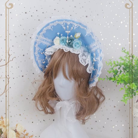 ロリータ ボンネット 帽子 ヘッドドレス カチューシャ スカイブルー 髪飾り 清楚 フラワー 薔薇 お花 クラシカル