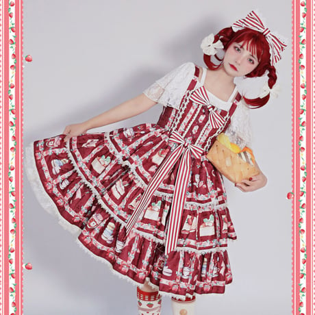 Lolita ロリータ ジャンパースカート ワンピース ドレス プリント イチゴ柄