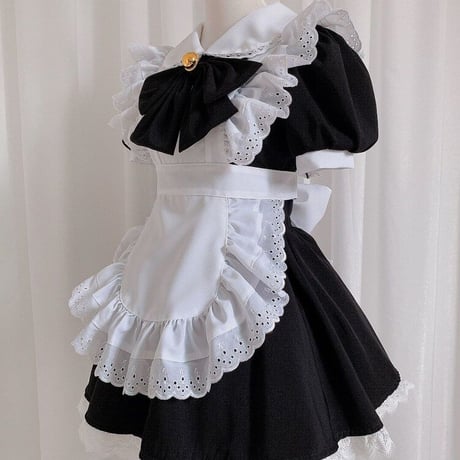 メイド服 ワンピース レース ヘアドレス付き 半袖 ゴスロリ ゴシックロリータ コスプレ ふんわり かわいい