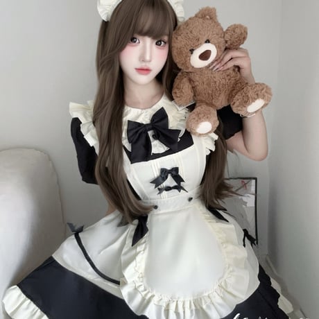 クラシカル メイド服 ワンピース Lolita エプロン カチューシャ 付け袖 2way 半袖 長袖 ミニ丈