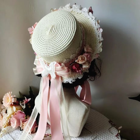 ロリータ 麦わら 帽子 ゴスロリ ゴシック ハンドメイド カンカン帽 ストローハット 春 夏 甘ロリ 華ロリ 欧風