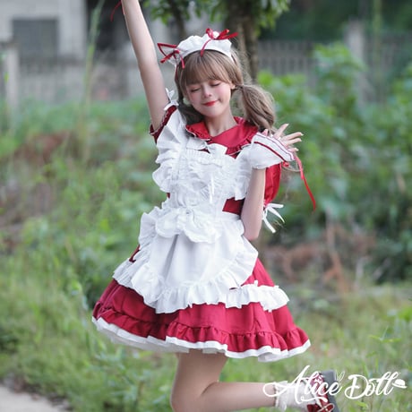 メイド服  ロリータ セット ワンピース エプロン カチューシャ 猫耳 半袖  ゆめかわいい メイド ミニ丈
