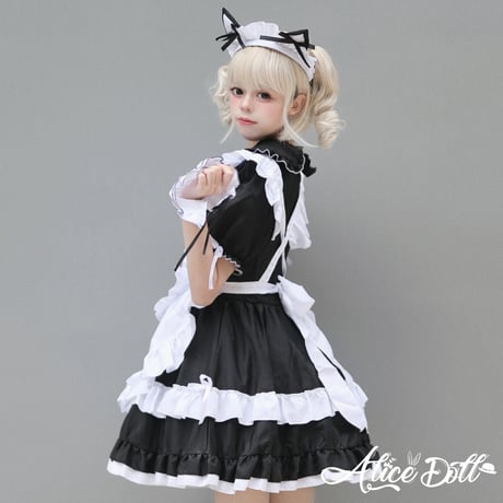 メイド服  ロリータ セット ワンピース エプロン カチューシャ 猫耳 半袖  ゆめかわいい メイド ミニ丈