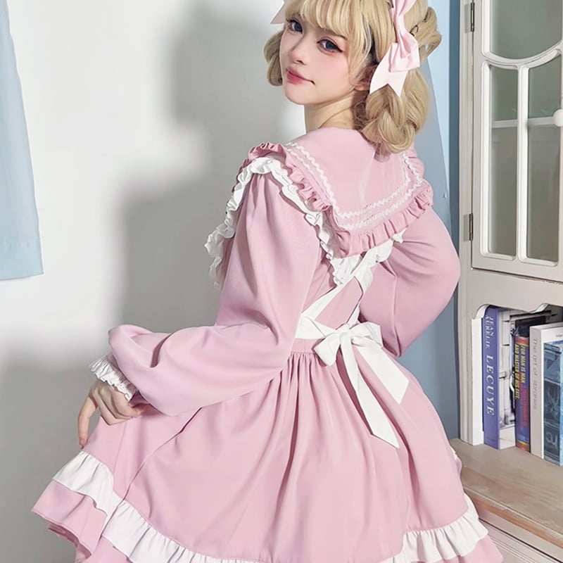 ロリータファッション　セーラーワンピース　甘ロリ　ピンク　ANDROMEO ロリータ ワンピース 半袖 ゴスロリ マリン風 セーラー ミドル丈 A