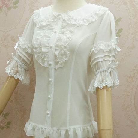 ロリータ ブラウス  ゴスロリ 半袖 レース 姫袖  スリム 薄手 上品