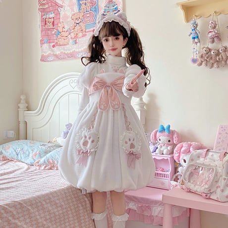 ロリィタ フリース 秋 冬　タートルネック 薄手 T カットソー あったか ネコの肉球 かわいい ハイネック 長袖