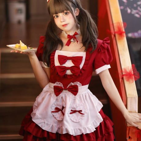 ゆめかわいい メイド服 メイド ワンピース エプロン カチューシャ 半袖 ミニ丈 ミニスカ フリル リボン