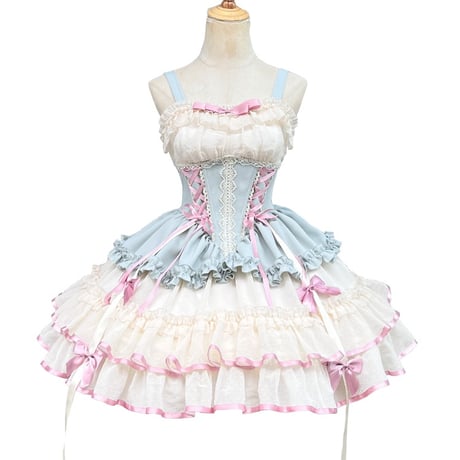 新作 ゆめかわいい ロリータ ドレス ミニ丈 ジャンパースカート ジャンスカ ダンス 姫様 ゴージャス