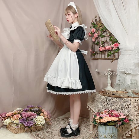 即納 メイド服 高品質 エプロン ロリータ クラシック 膝丈 ワンピース コスプレ レディース 3点セット