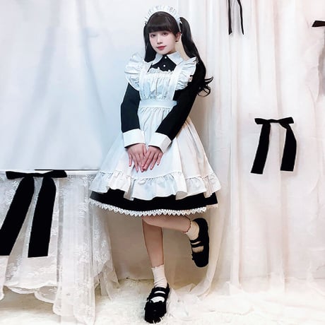 即納 高品質 メイド服 ワンピース 長袖 コスプレ ロリータ クラシカル メイドカフェ エプロン メイド 豪華セット