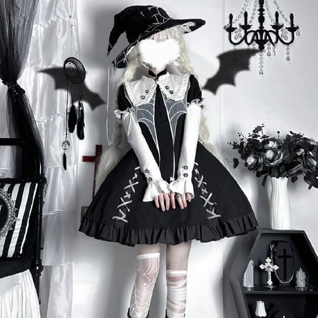 ゴスロリ ワンピース 半袖 長袖 2way 病みかわ クモ 魔女 暗黒 Lolita ロリータ 黒ロリ ハロウィン コスプレ 小悪魔