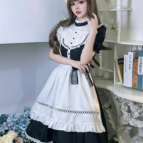 メイド服 ワンピース 半袖 クラシカル ロング丈 メイド 定番 カチューシャ セット 英国風 ロリータ 大人可愛い